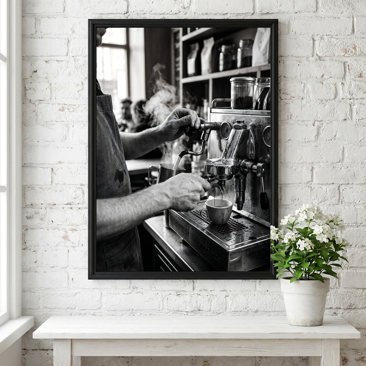 black and white poster of barista using espresso machine with steam and hands in close-up