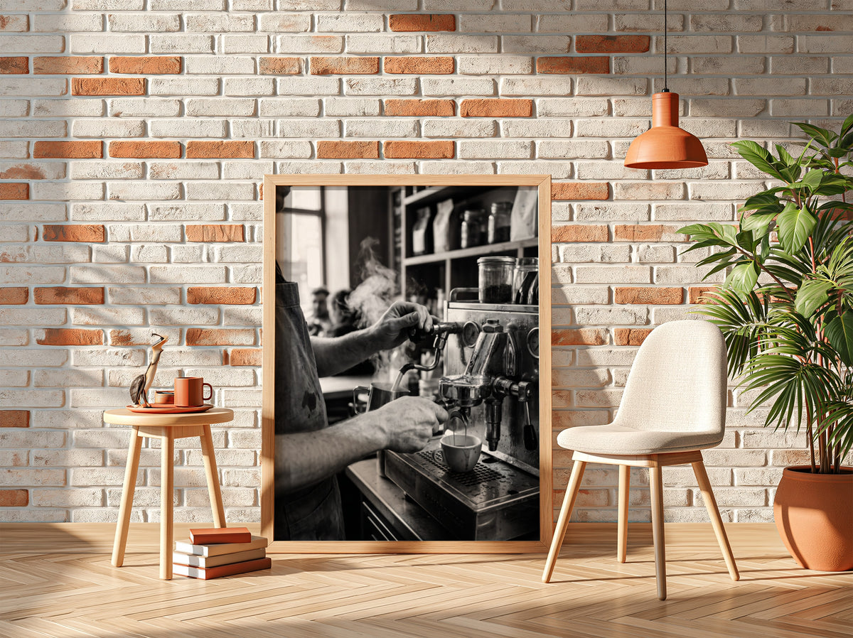 black and white poster of barista using espresso machine with steam and hands in close-up