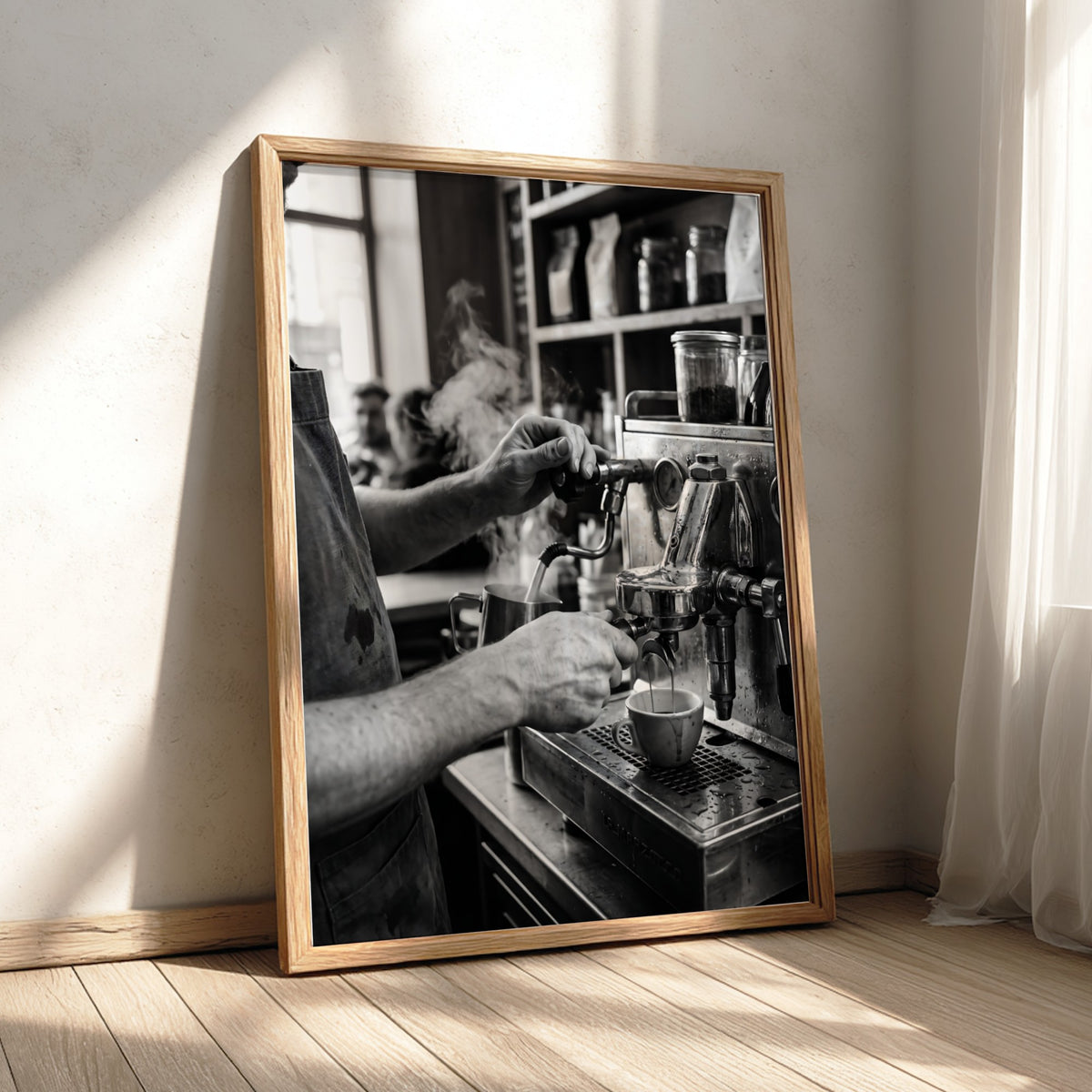 black and white poster of barista using espresso machine with steam and hands in close-up