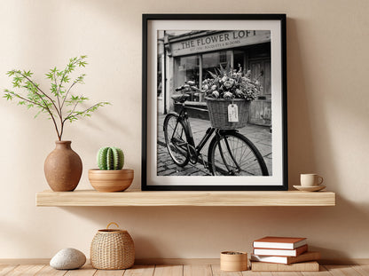 black and white poster of vintage bicycle with flower basket outside The Flower Loft shop
