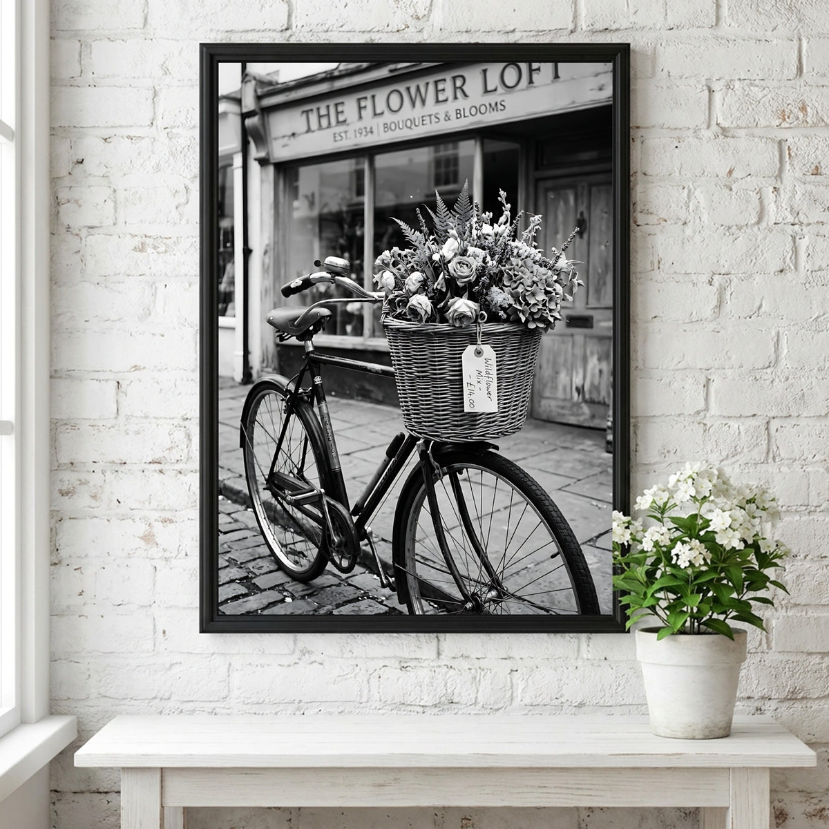 black and white poster of vintage bicycle with flower basket outside The Flower Loft shop