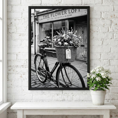 black and white poster of vintage bicycle with flower basket outside The Flower Loft shop