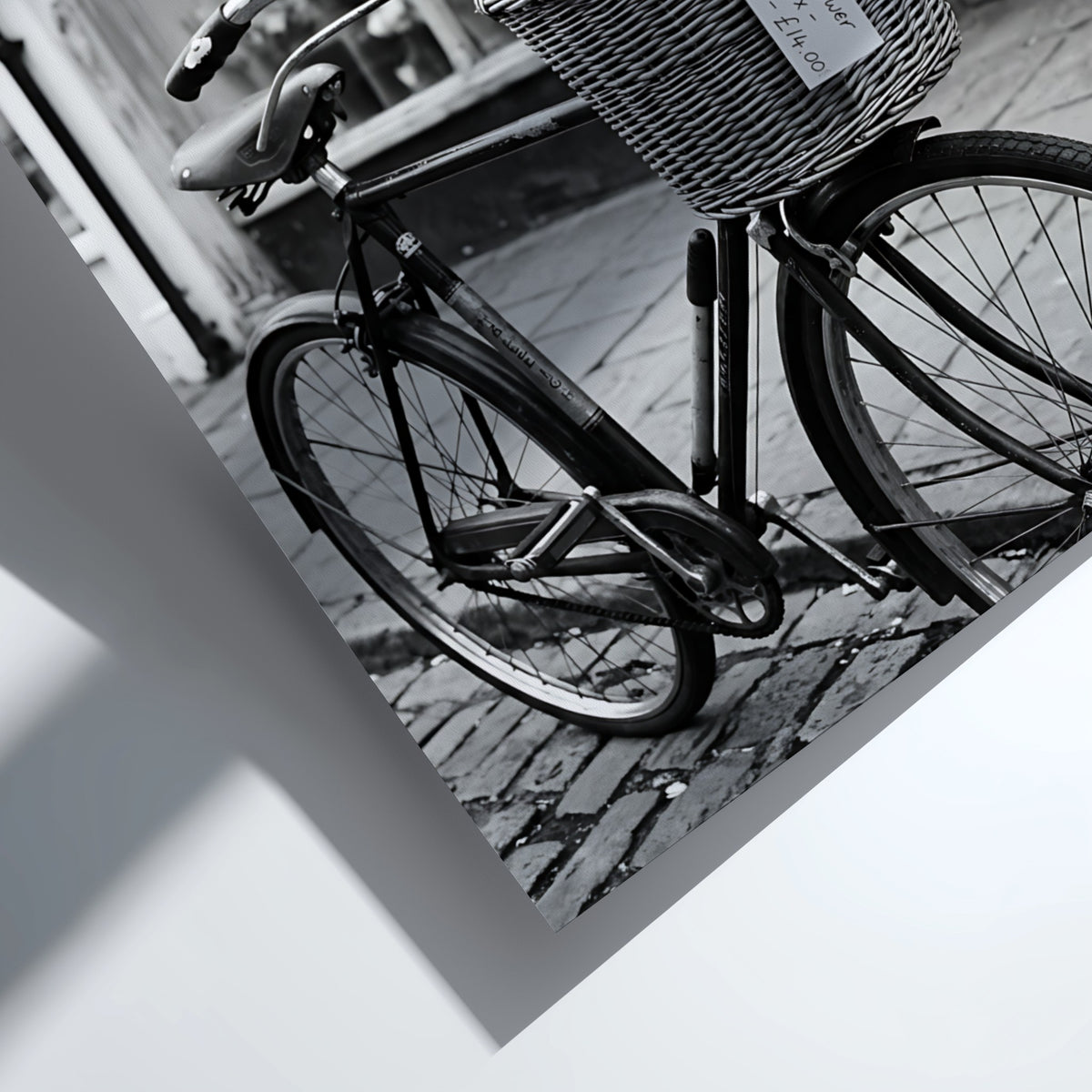 black and white poster of vintage bicycle with flower basket outside The Flower Loft shop