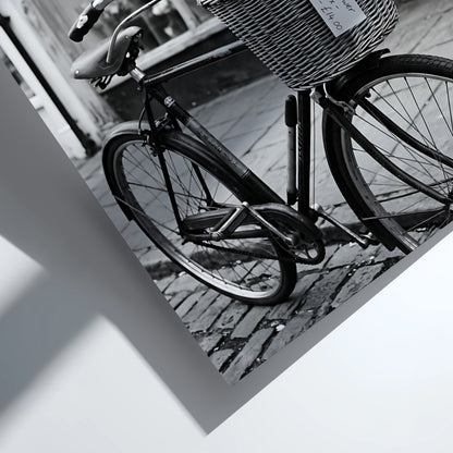 black and white poster of vintage bicycle with flower basket outside The Flower Loft shop