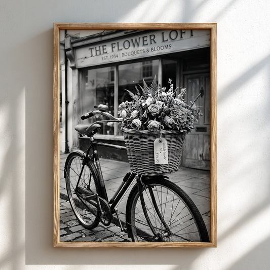 black and white poster of vintage bicycle with flower basket outside The Flower Loft shop
