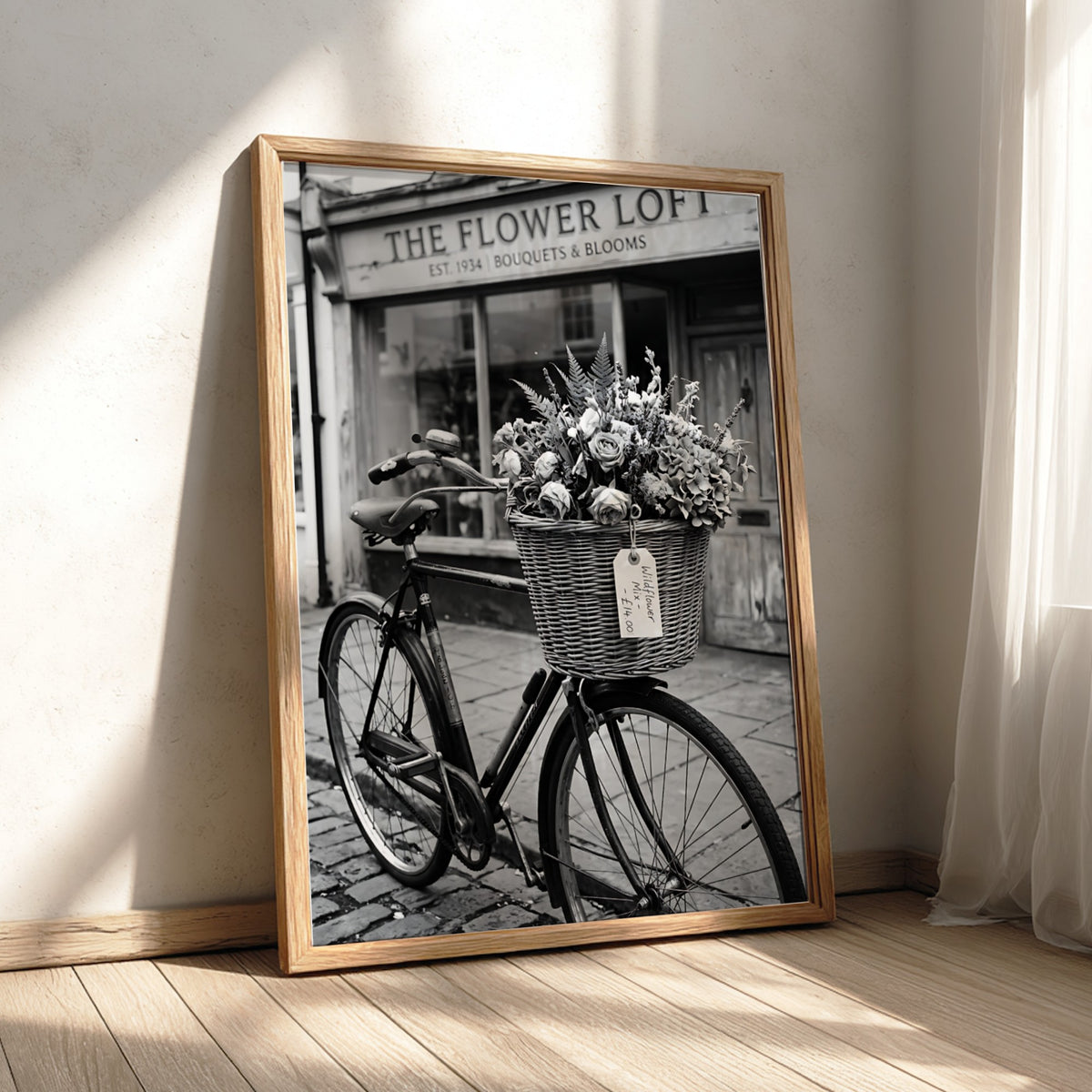 black and white poster of vintage bicycle with flower basket outside The Flower Loft shop
