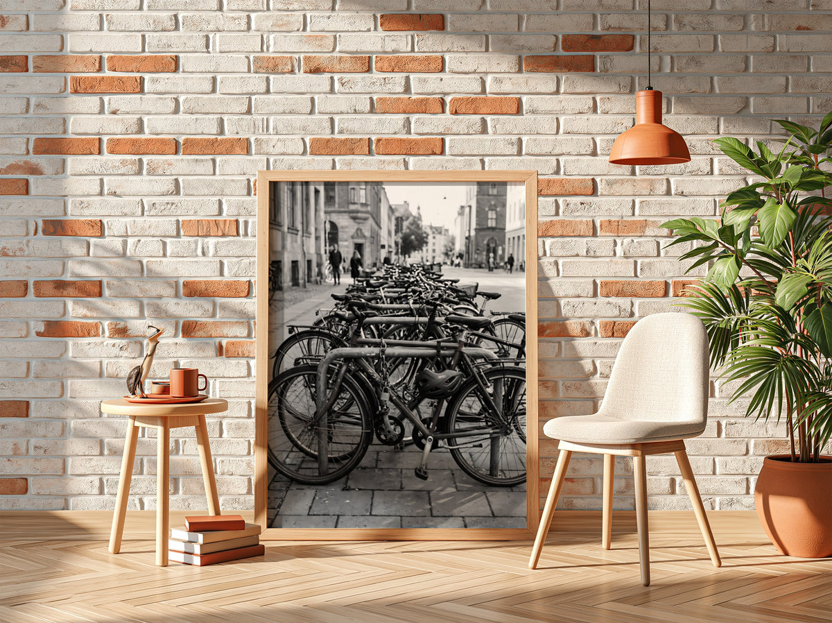 black and white wall decor showing bicycles parked at bike rack on cobblestone street with urban background