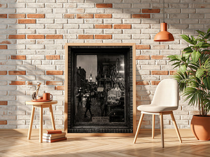 Black and white bicycle repairs shop poster with vintage bicycles and tools seen through window