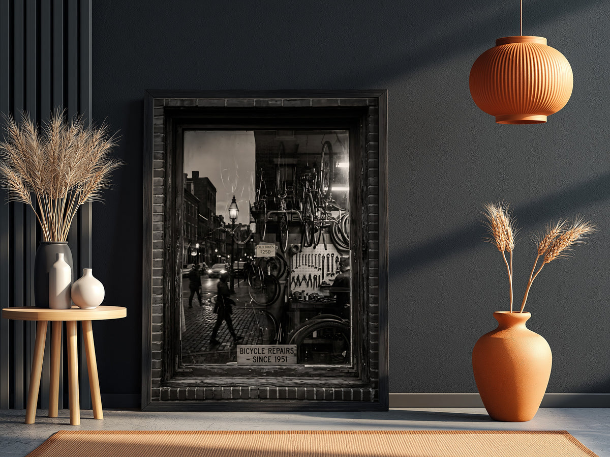 Black and white bicycle repairs shop poster with vintage bicycles and tools seen through window