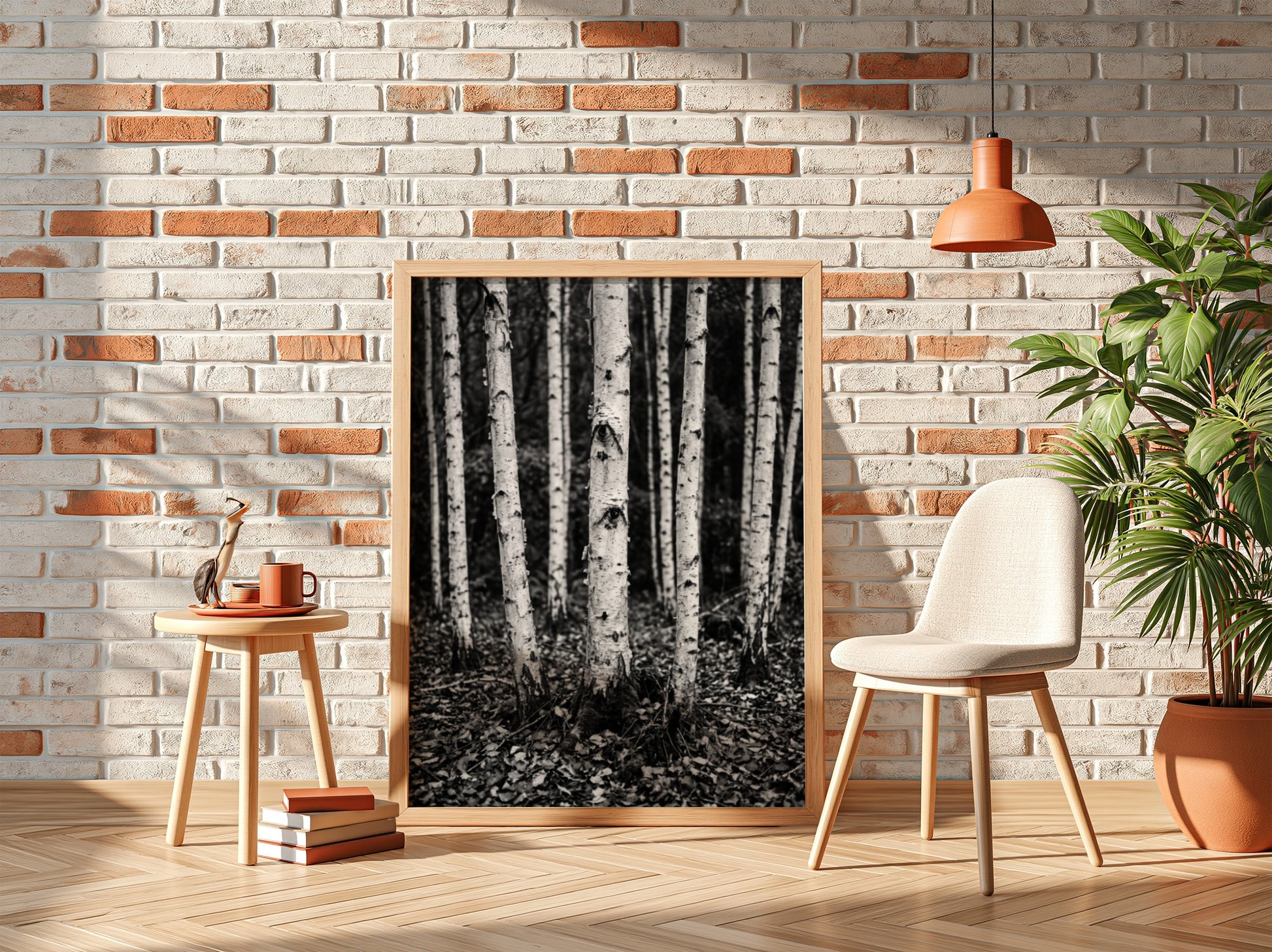 Black and white poster of birch trees with textured bark and fallen leaves forest floor