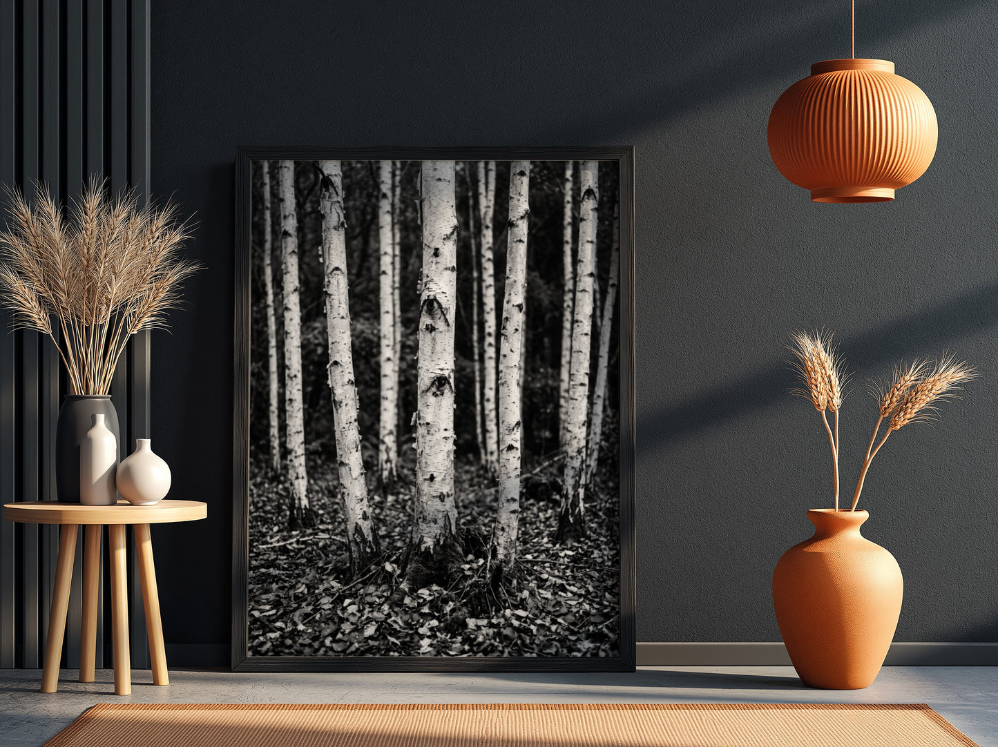 Black and white poster of birch trees with textured bark and fallen leaves forest floor