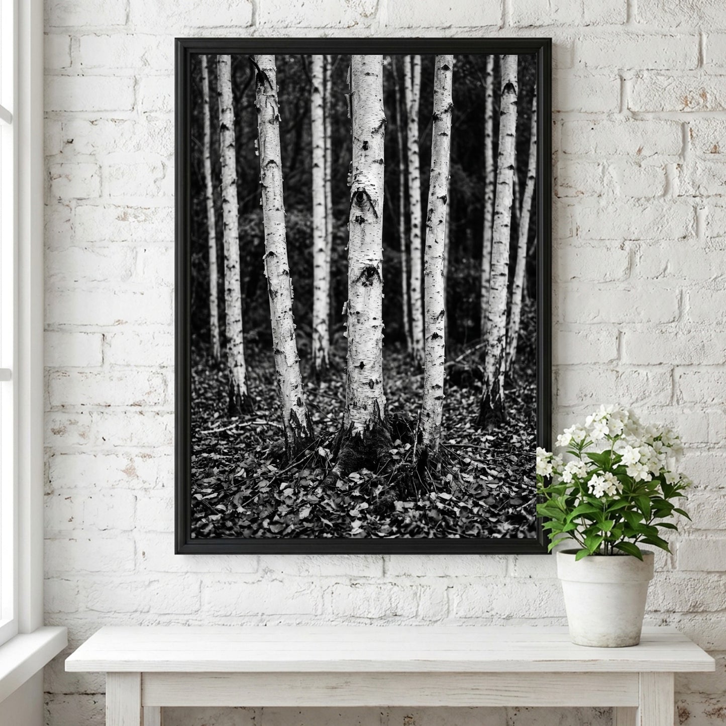 Black and white poster of birch trees with textured bark and fallen leaves forest floor