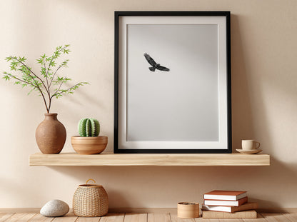 Framed wall decor featuring a black bird in flight against a pale sky with natural wood frame