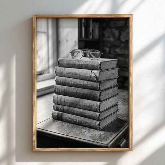 vintage wall decor of black and white photo showing stacked books with glasses on wooden desk