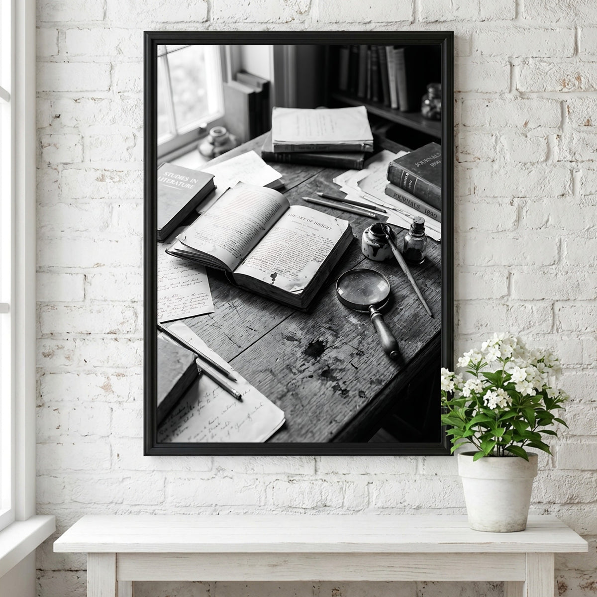 Black and white vintage study poster with open books, handwritten notes, magnifying glass on wooden table
