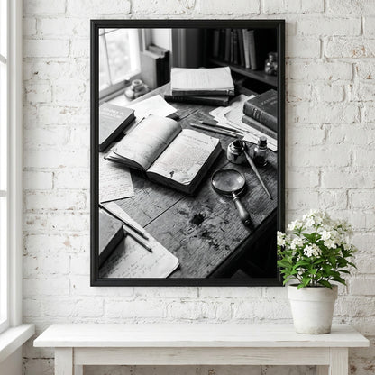 Black and white vintage study poster with open books, handwritten notes, magnifying glass on wooden table
