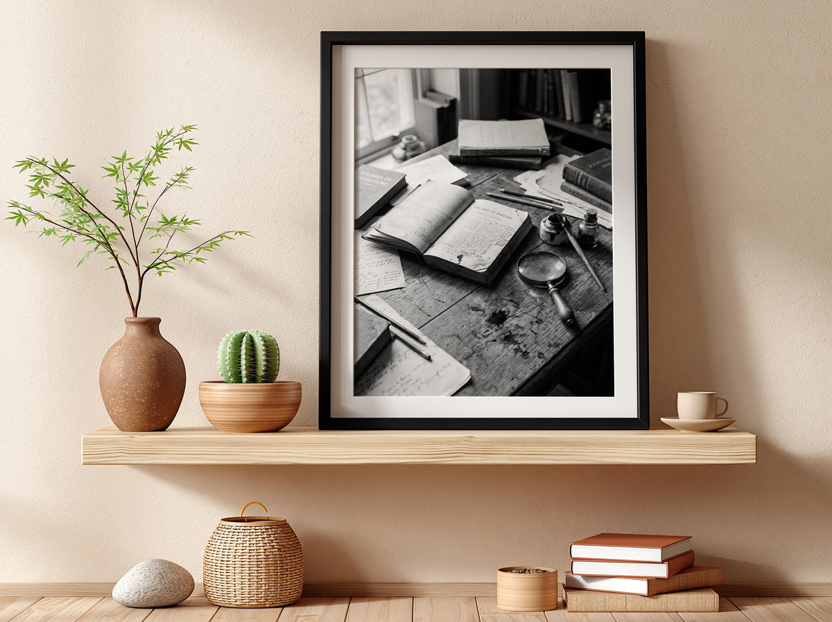 Black and white vintage study poster with open books, handwritten notes, magnifying glass on wooden table