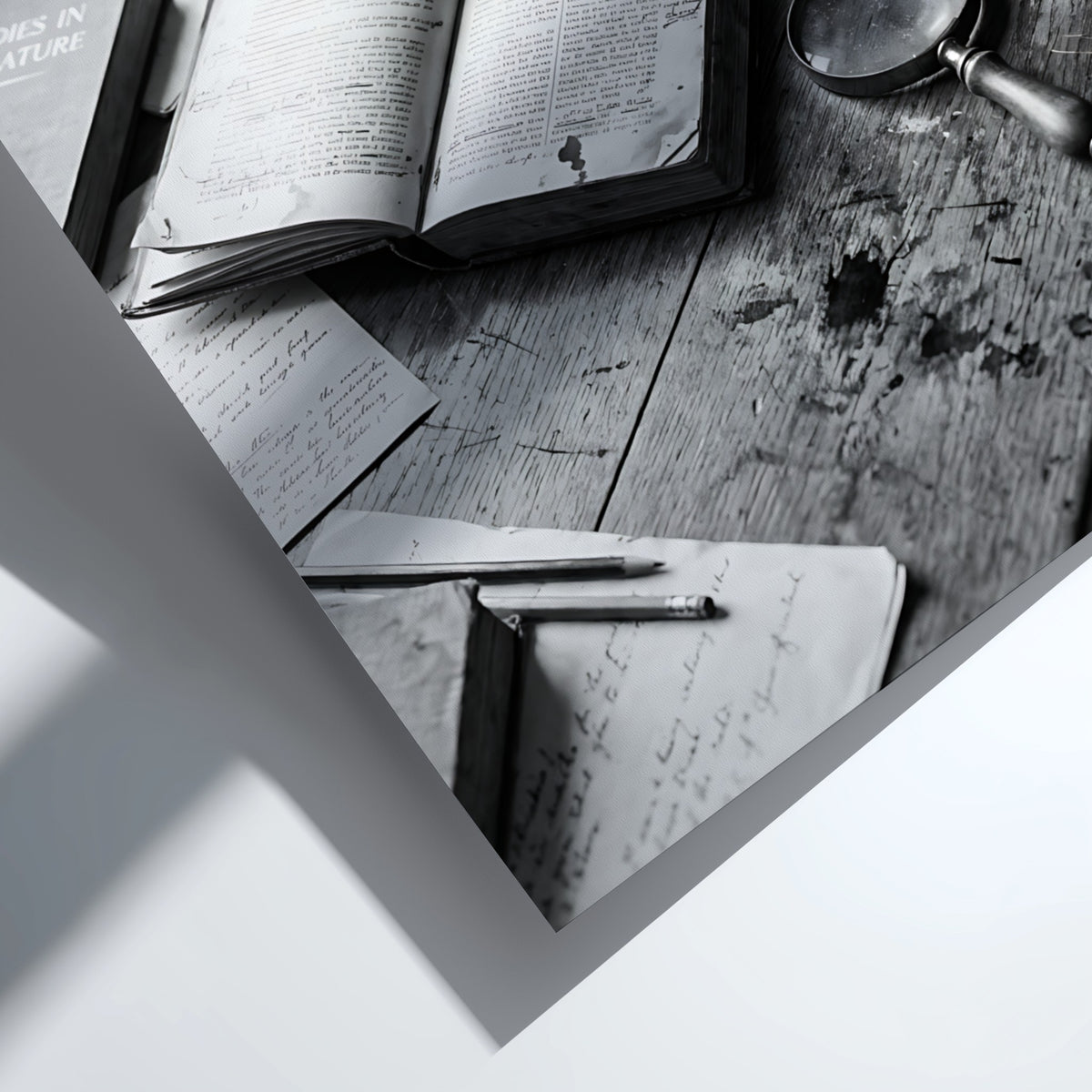 Black and white vintage study poster with open books, handwritten notes, magnifying glass on wooden table
