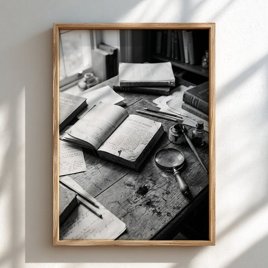Black and white vintage study poster with open books, handwritten notes, magnifying glass on wooden table