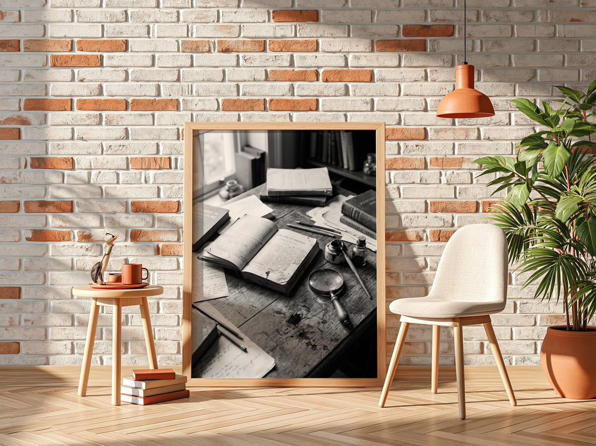 Black and white vintage study poster with open books, handwritten notes, magnifying glass on wooden table