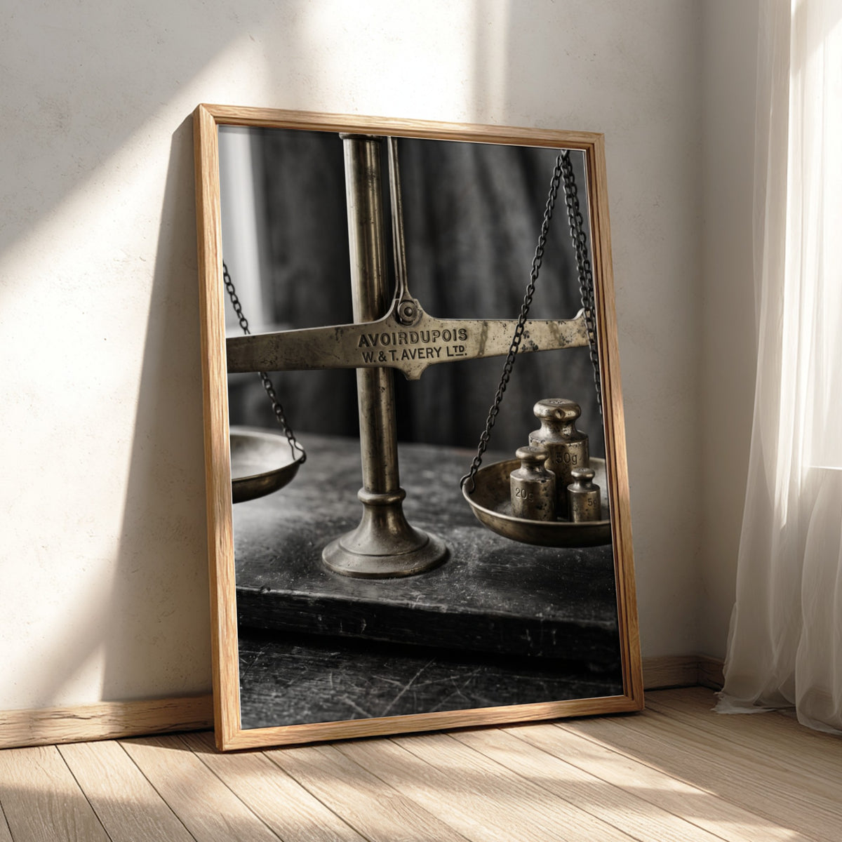 Brass balance scale with weights in vintage style showing aged metal and hanging pans