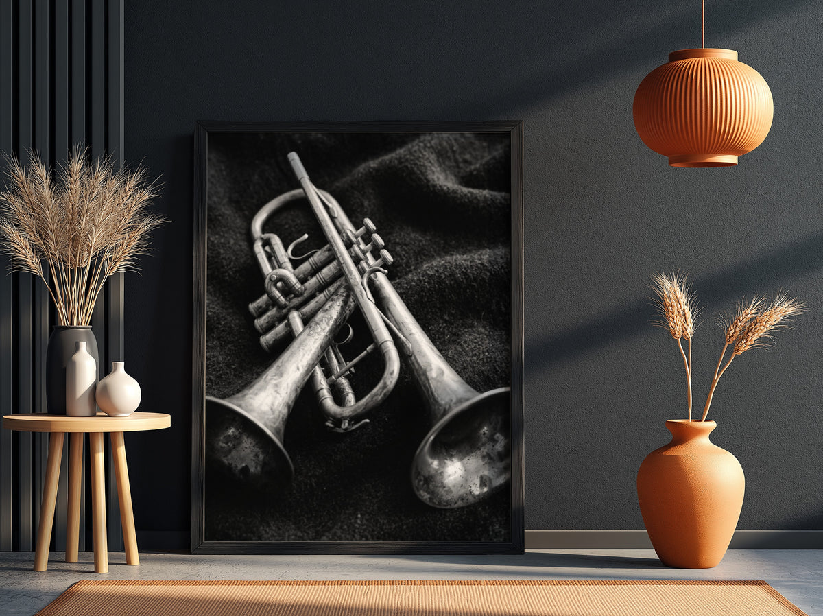 Photography print of two brass trumpets on dark fabric in black and white