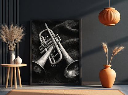 Photography print of two brass trumpets on dark fabric in black and white