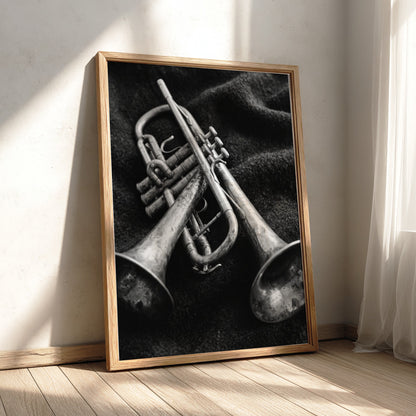 Photography print of two brass trumpets on dark fabric in black and white