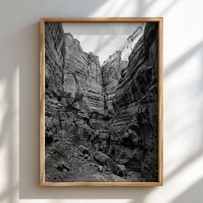 Black and white poster of canyon walls with layered sedimentary rock and rugged textures