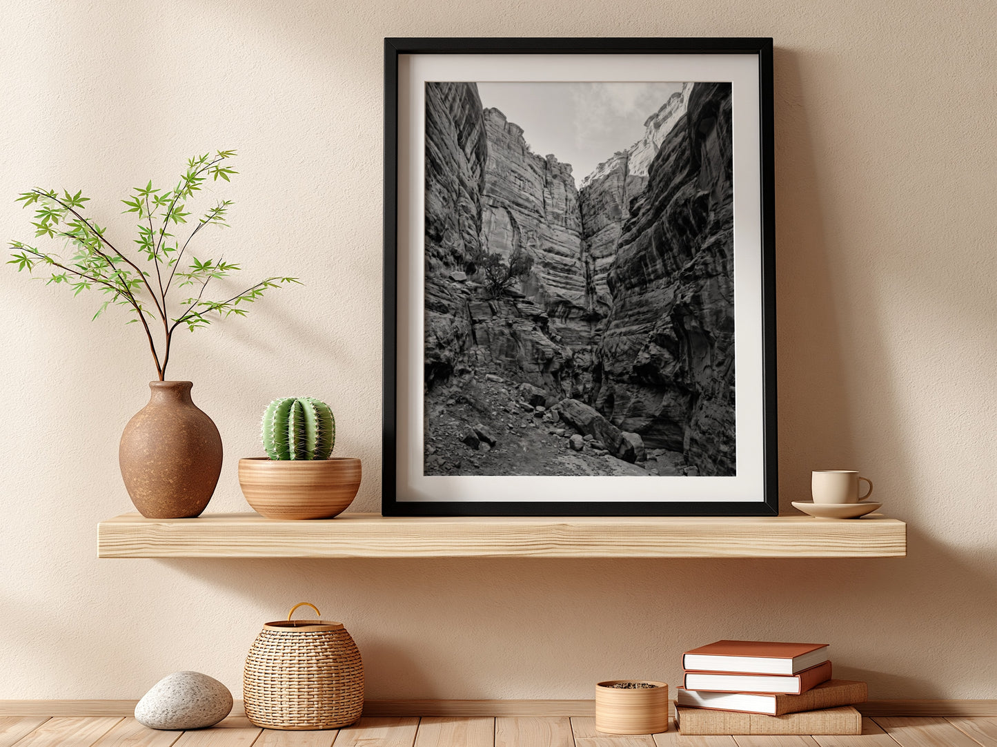 Black and white poster of canyon walls with layered sedimentary rock and rugged textures
