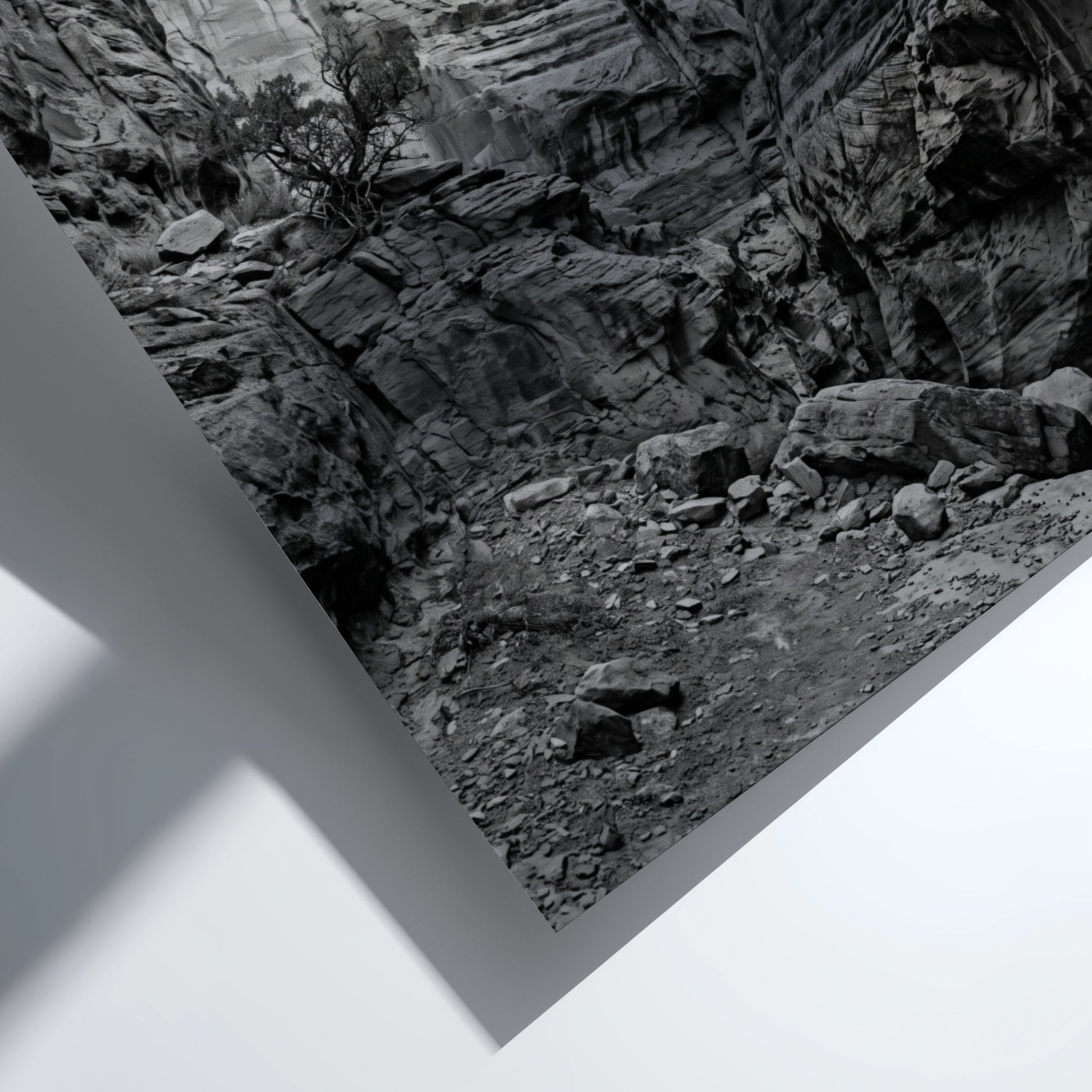 Black and white poster of canyon walls with layered sedimentary rock and rugged textures