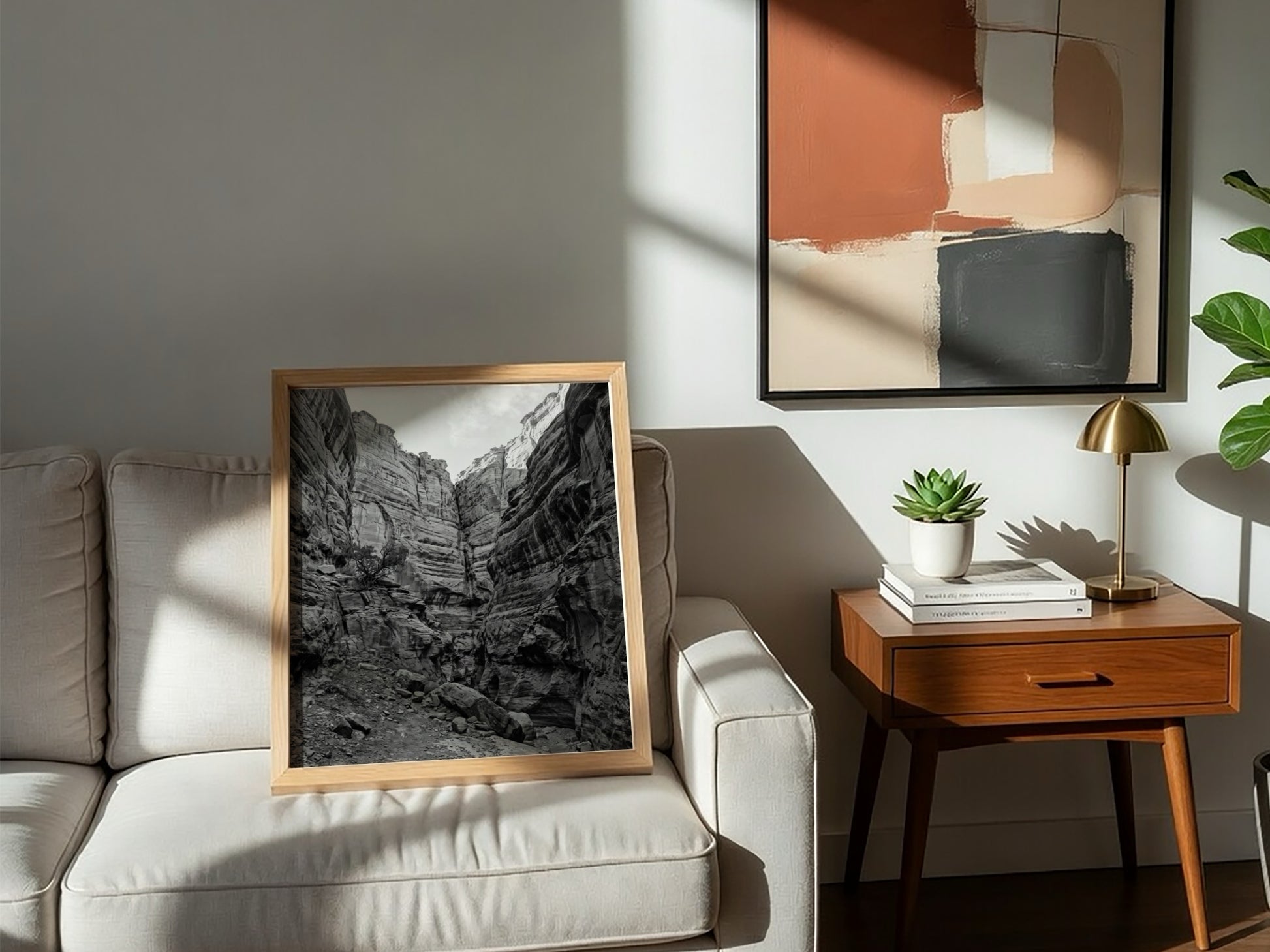 Black and white poster of canyon walls with layered sedimentary rock and rugged textures