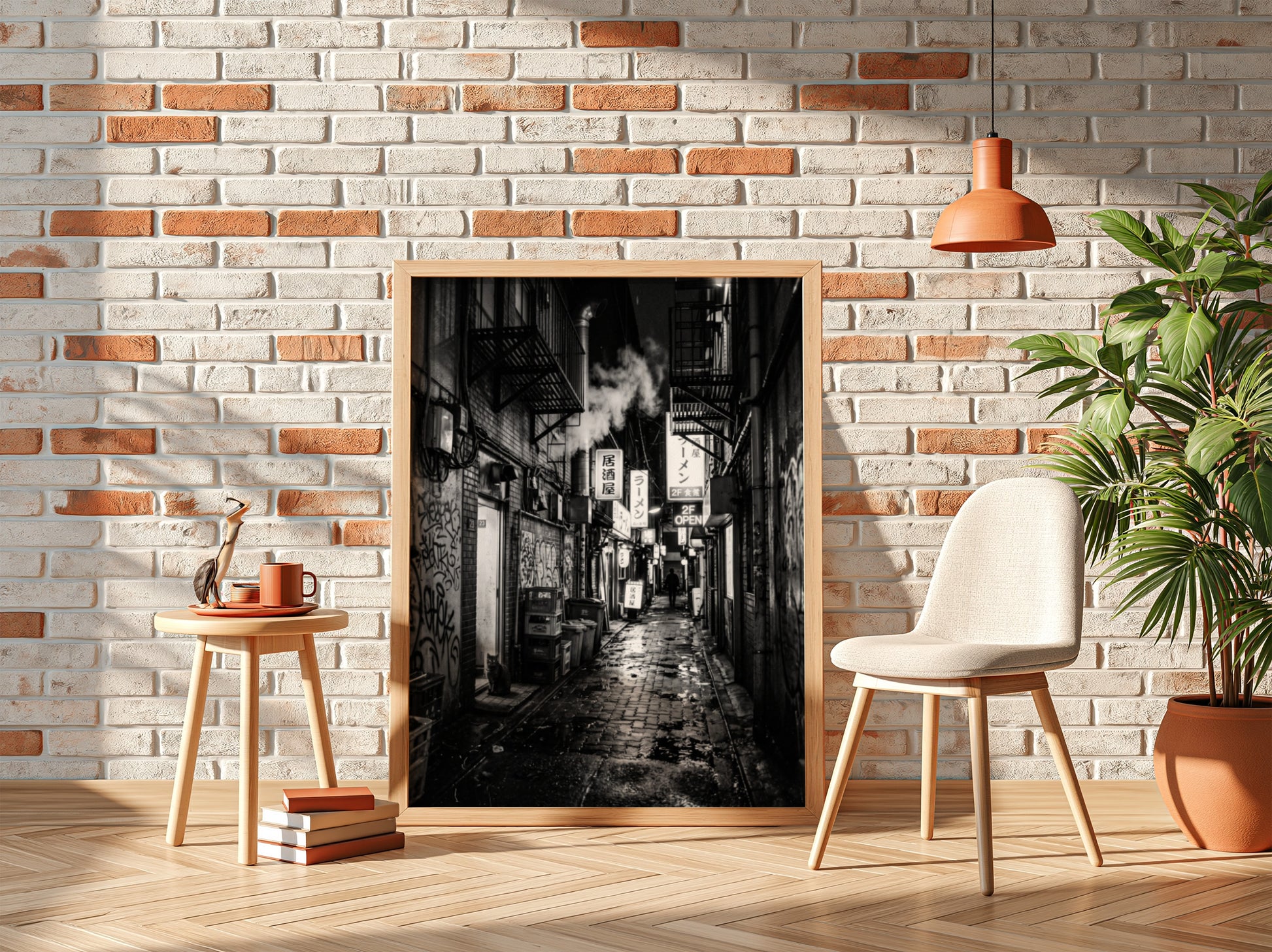 black and white urban photography of cat in wet cobblestone back alley with fire escapes and steam