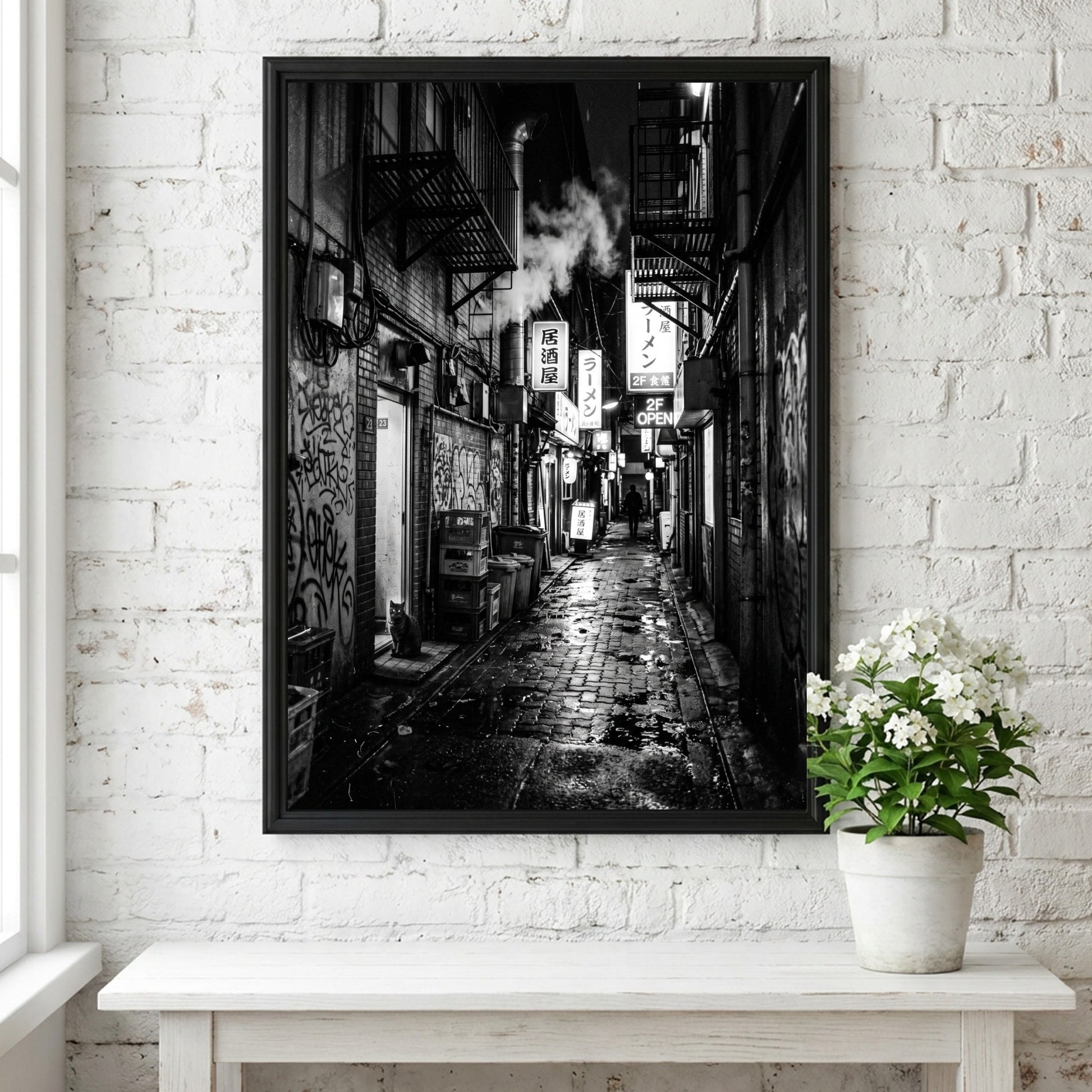 black and white urban photography of cat in wet cobblestone back alley with fire escapes and steam