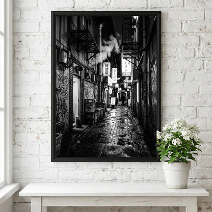 black and white urban photography of cat in wet cobblestone back alley with fire escapes and steam