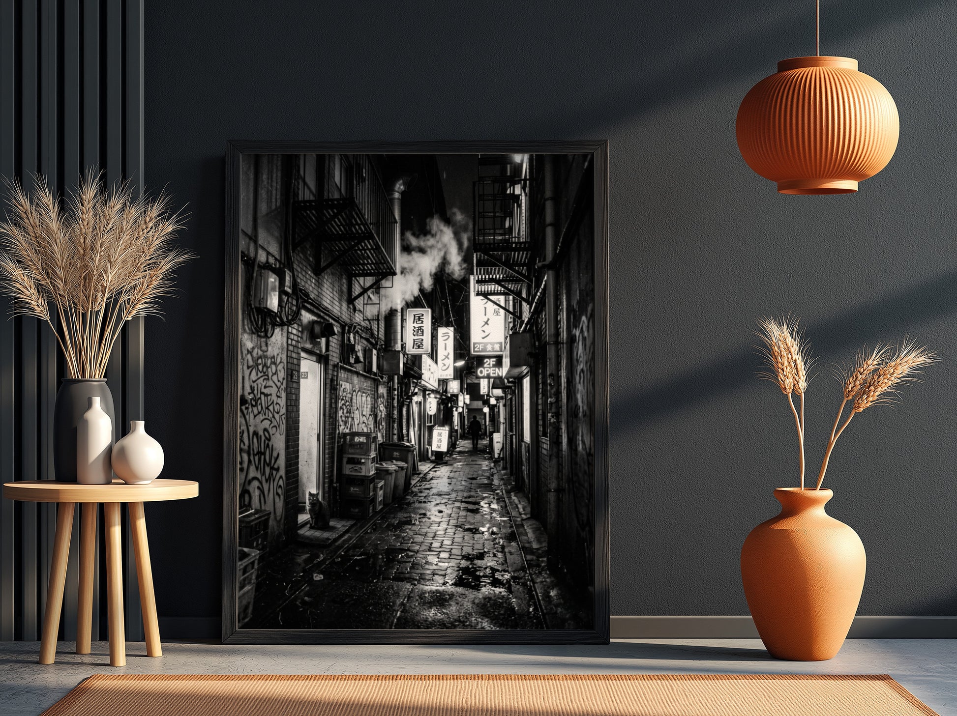 black and white urban photography of cat in wet cobblestone back alley with fire escapes and steam