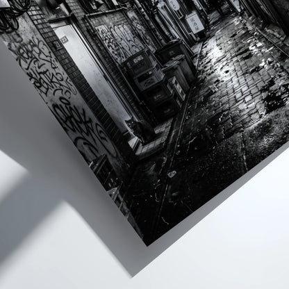 black and white urban photography of cat in wet cobblestone back alley with fire escapes and steam