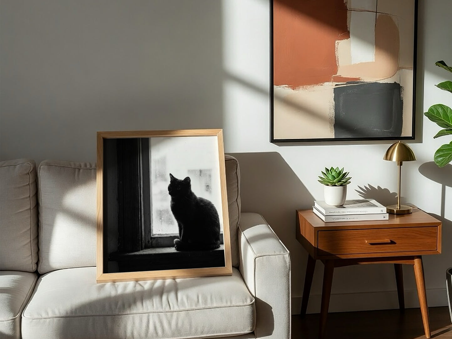 Poster of black cat sitting on window ledge with soft natural light and shadow contrast
