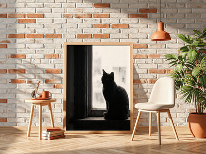 Poster of black cat sitting on window ledge with soft natural light and shadow contrast