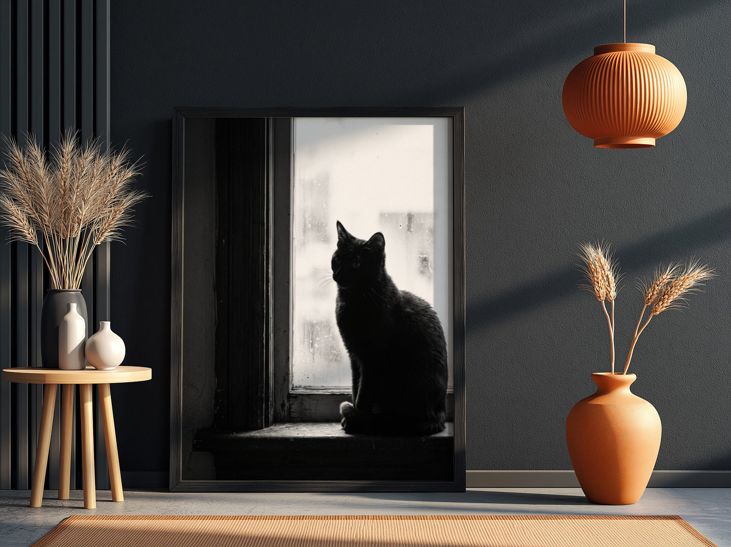 Poster of black cat sitting on window ledge with soft natural light and shadow contrast