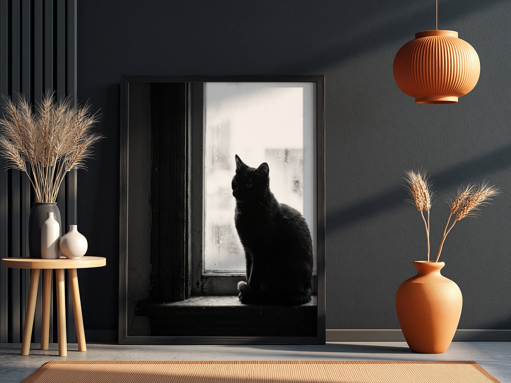 Poster of black cat sitting on window ledge with soft natural light and shadow contrast