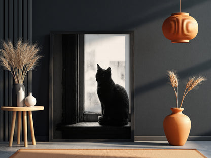 Poster of black cat sitting on window ledge with soft natural light and shadow contrast