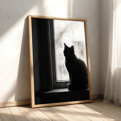 Poster of black cat sitting on window ledge with soft natural light and shadow contrast