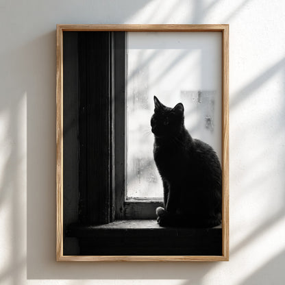 Poster of black cat sitting on window ledge with soft natural light and shadow contrast