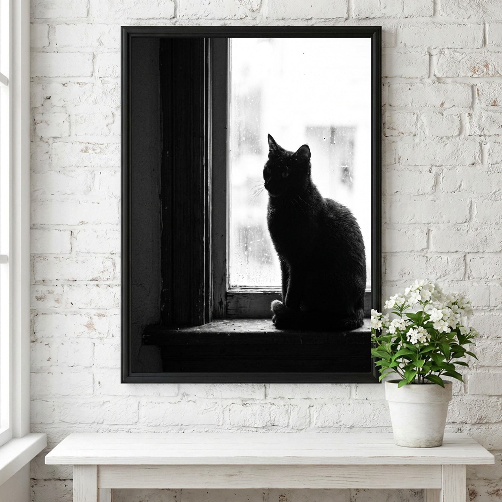 Poster of black cat sitting on window ledge with soft natural light and shadow contrast