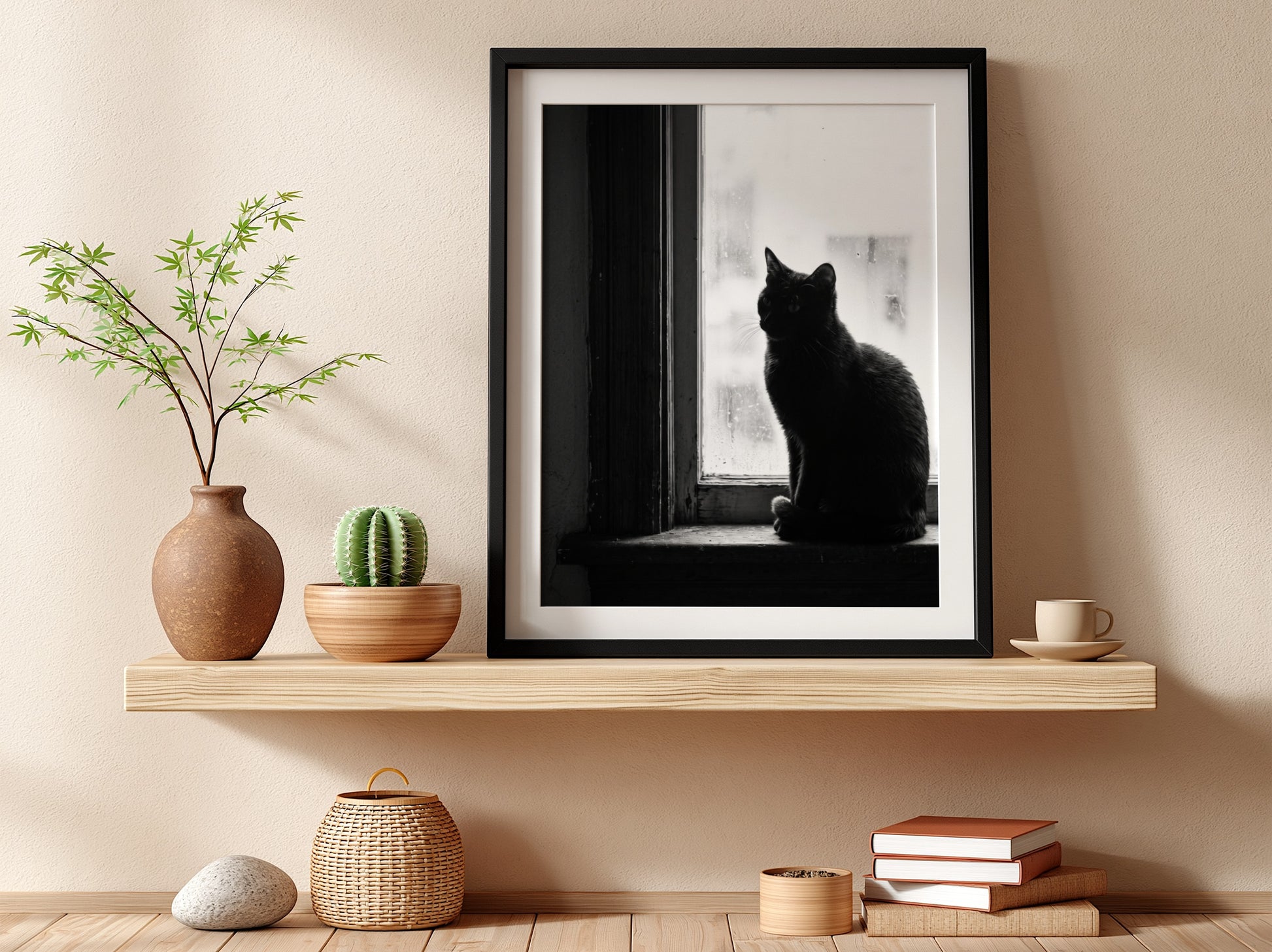 Poster of black cat sitting on window ledge with soft natural light and shadow contrast