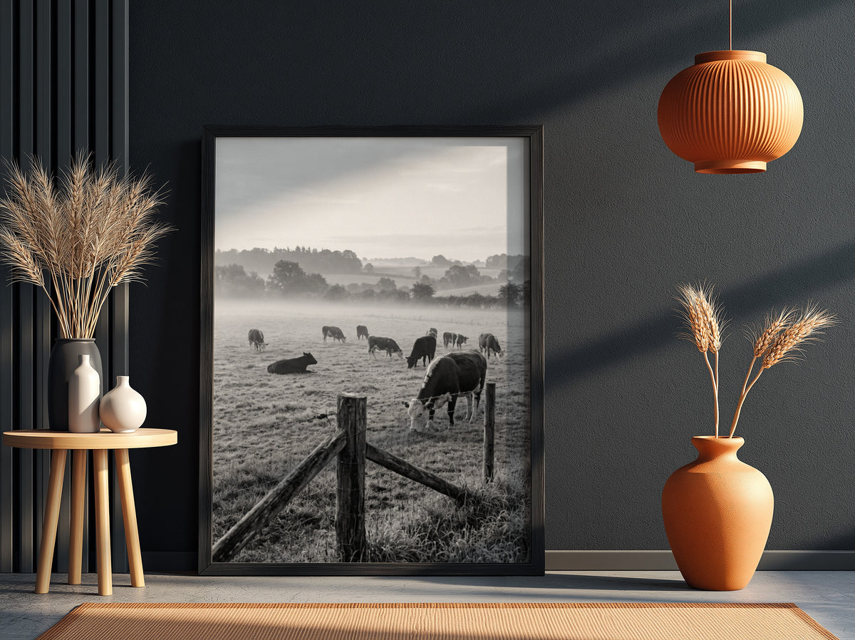 Poster of black and white photograph showing cattle grazing in misty rural pasture with wooden fence