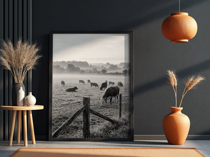 Poster of black and white photograph showing cattle grazing in misty rural pasture with wooden fence