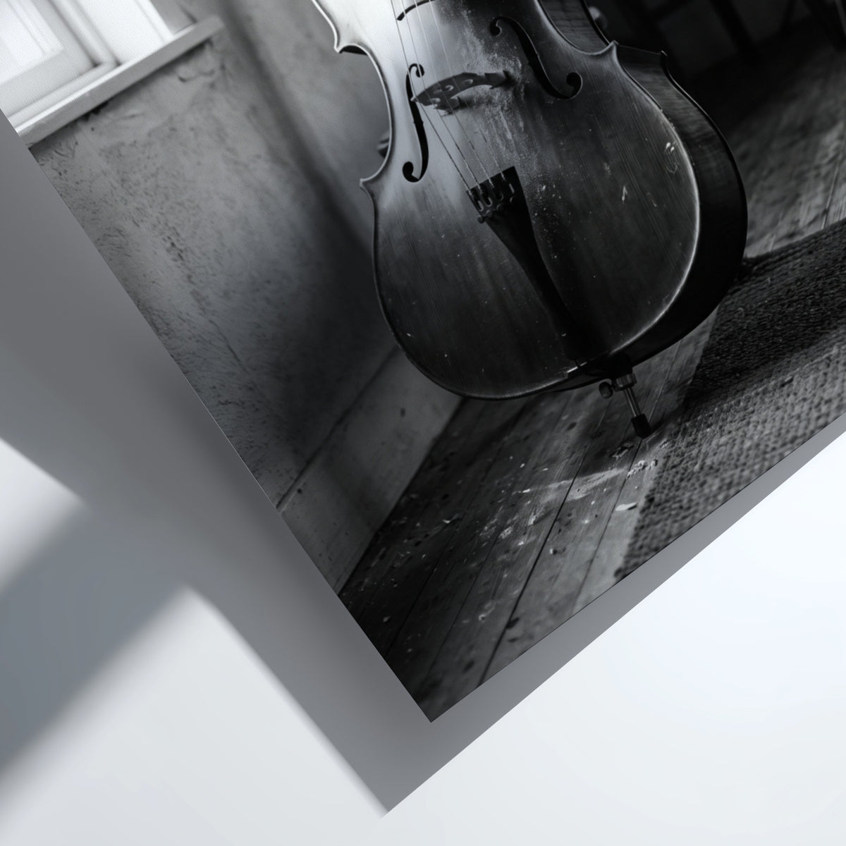 Poster of cello resting in a softly lit room with black and white tones and wooden floor