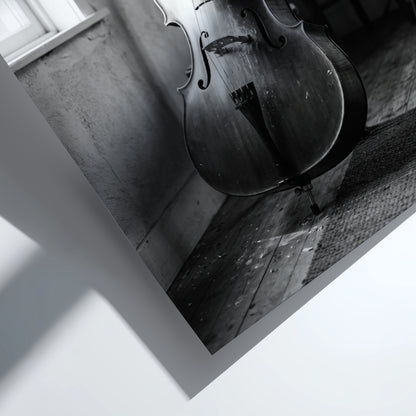 Poster of cello resting in a softly lit room with black and white tones and wooden floor